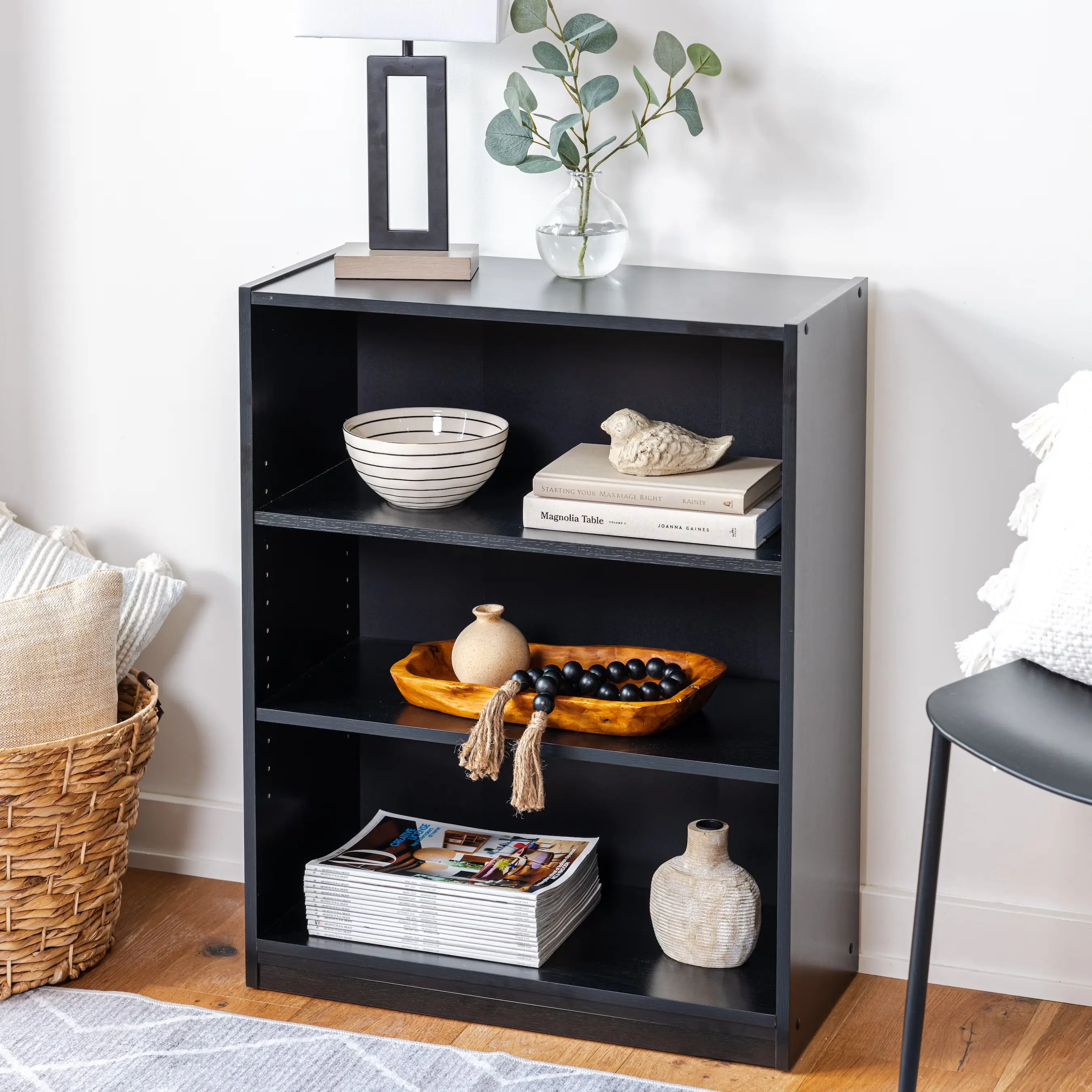 3939391202 - 3 Shelf Bookcase with Adjustable Shelves, True Black Oak