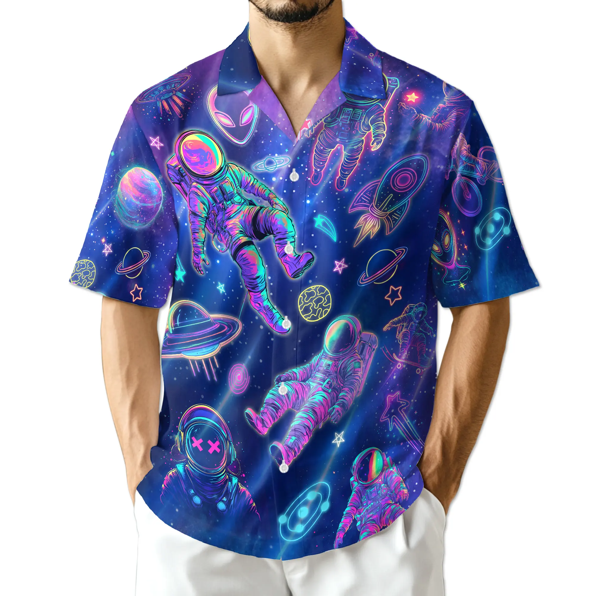 Neon Astronauts Hawaiian Shirt Family Hawaiian Button Down Shirt, Summer Hawaiian Shirt, Beach Trip Shirts, Beach Aloha Shirt for Men and Women, Casual Summer Vacation Shirt, Tropical Print Menswear Top S-5XL