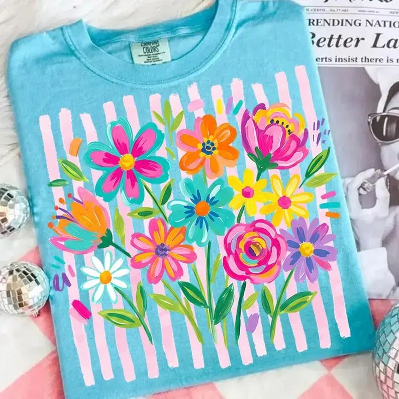 Comfort Colors Striped Boho Floral Shirt – Preppy Wildflower Mama Tee, Brushstroke Summer Graphic T-Shirt, Spring Flower Boho Vibes Shirt