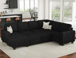 Corduroy Sleeper Sofa Bed with Storage Chaise Modular Sectional Sofa Couch with Pull Out Bed L Shaped Sectional Couches for Living Room Black Couch