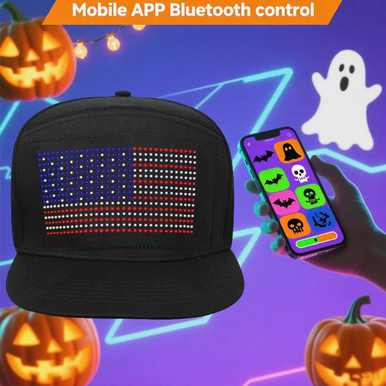 LED Hats,NEW 16x32 Full-Color LED Scrolling Hat with Bluetooth App for Custom GIFs Pics Text Removable LED Display for Christmas Party Clubs Outdoor Bar - Firework Halloween Spooky Cap Cyberpunk Mask,summerwins summerwins