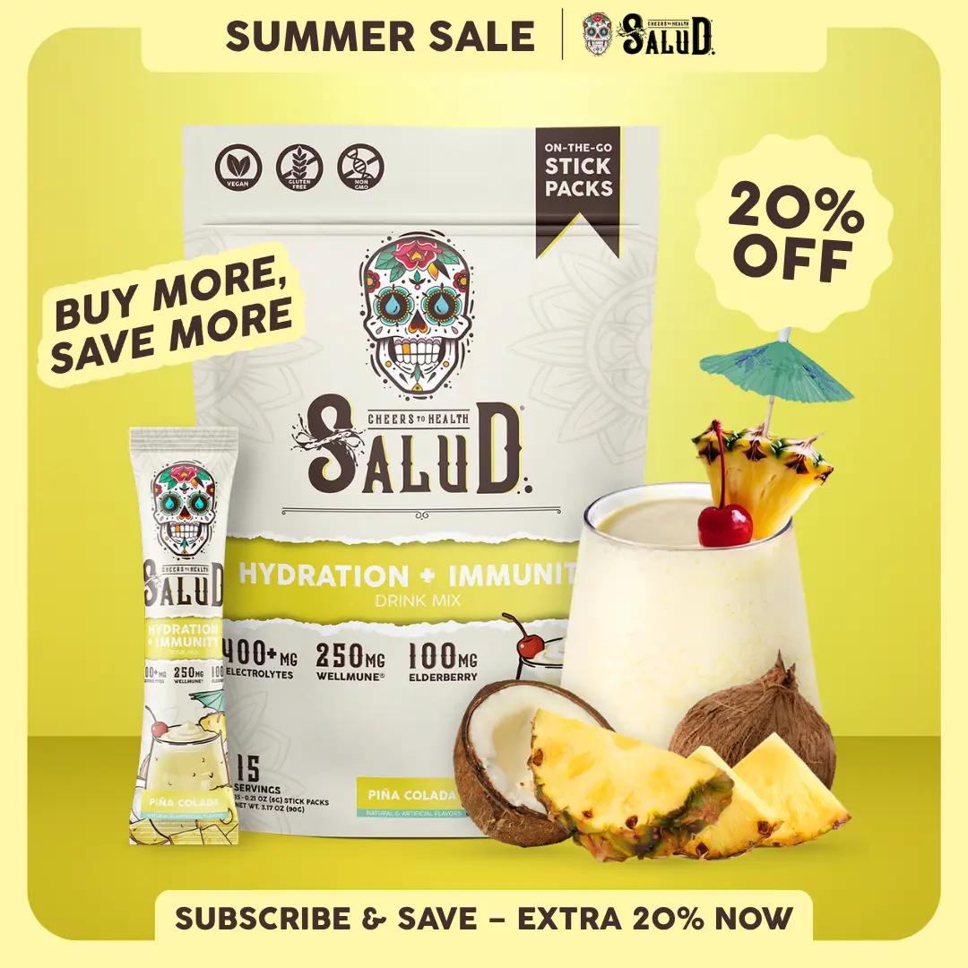 Salud 2-in-1 [Hydration + Immunity - Piña Colada] Electrolytes Powder, Agua Fresca Drink Mix, Elderberry, Dairy & Soy Free, Non-GMO, Gluten Free, Vegan, Low Calorie, 1g Sugar (15 Servings)