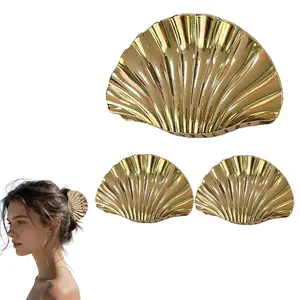 3PCS Seashell Hair Claw Clips Gold Metal Hair Clip for Thick/Thin Hair Summer Hair Clips Suitable for summer beach vacation (1 Large + 2 Small) Fine Comb Side Curved