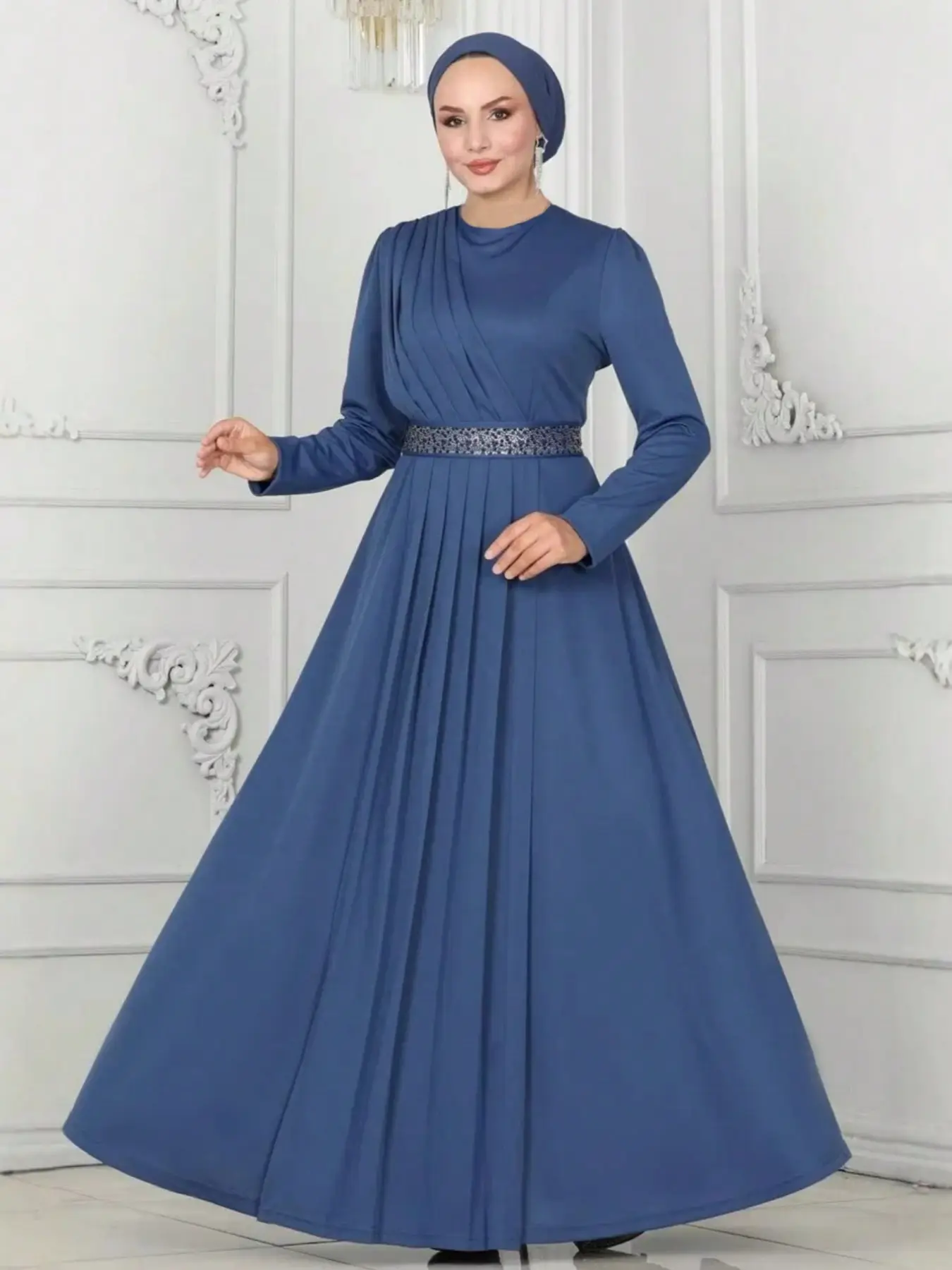 Women's Fashion Casual Pleated High Waist Round Neck Solid Color Belted Long Loose Dress, All Seasons Woven Fabric, Moderate Fit