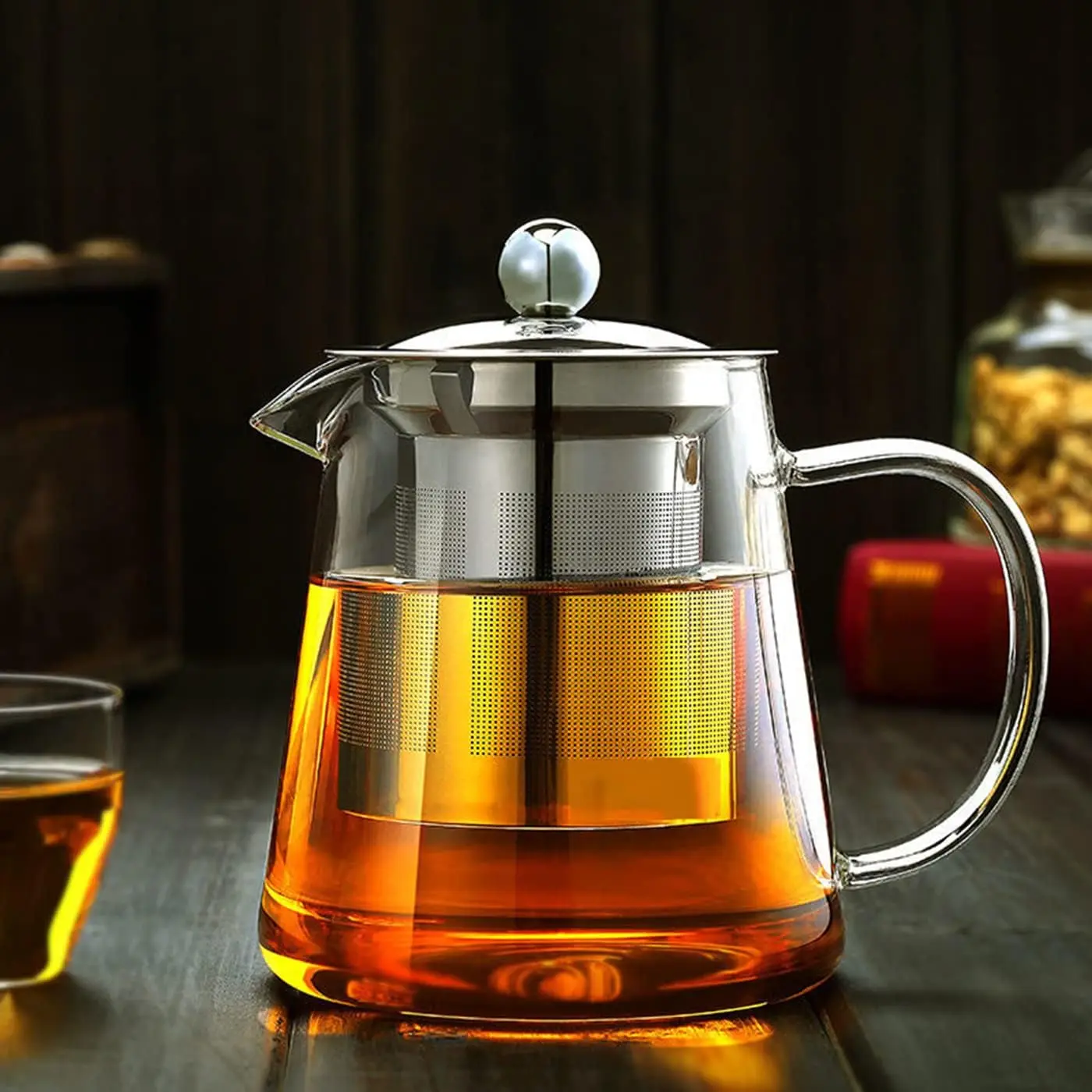 950ml (33OZ) Modern Synthetic Borosilicate Glass Teapot, Round Body with Removable Stainless Steel Strainer Infuser, Spout & Lid, Stovetop & Microwave Safe Kettle for Blooming & Loose Leaf Tea, Sturdy