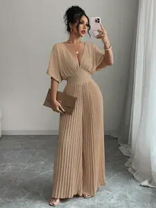 Solid Color Deep V-Neck Batwing Sleeves Pleated Elegant Women's Jumpsuit