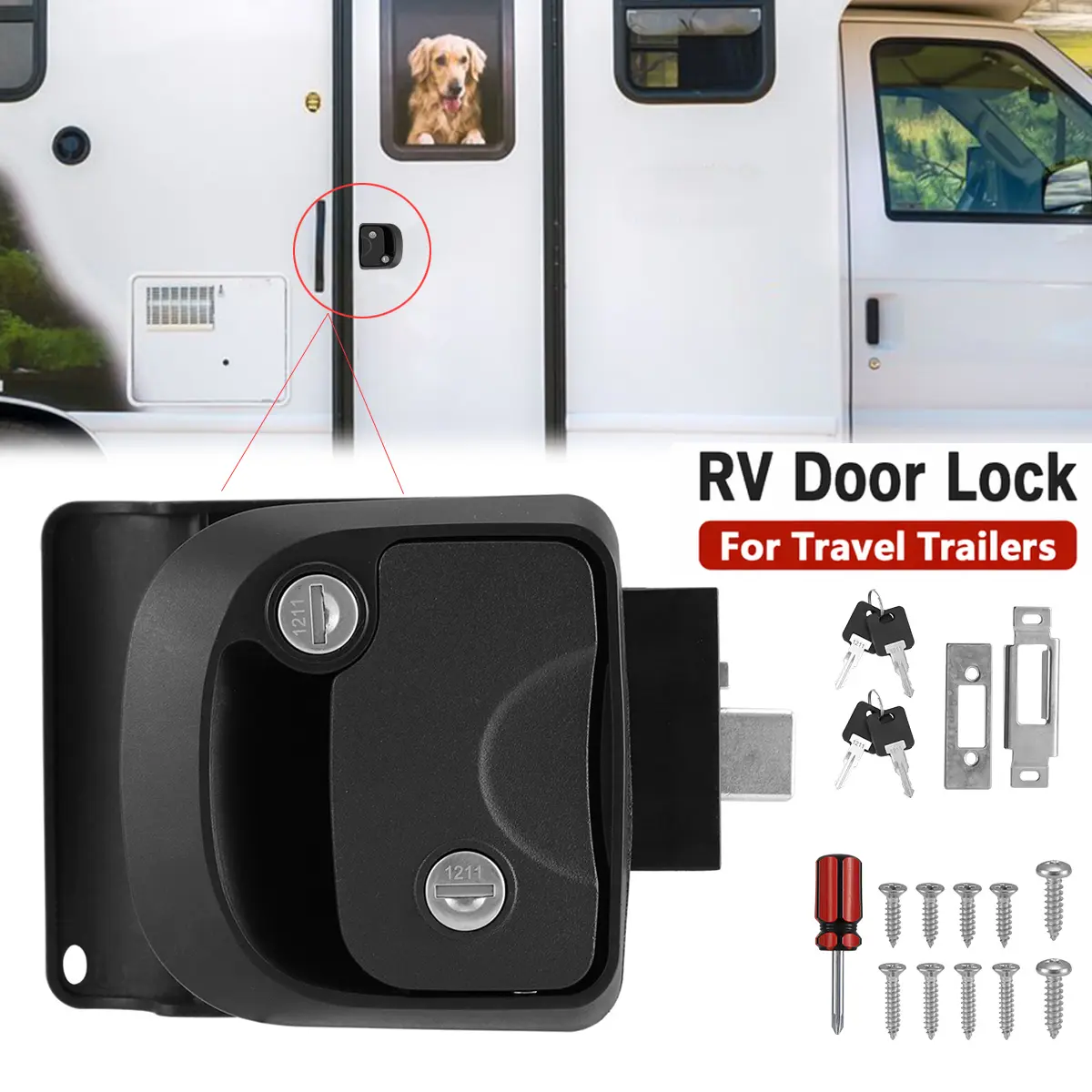 Black RV Entry Door Lock with Paddle Handle, Knob & Deadbolt for Camper Trailers, New Hardware Latch & Bolt