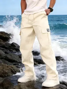 Men’s cargo pants, casual loose fit, drawstring straight-leg long pants, multi-pocket design—men’s outdoor street-style cargo casual pants