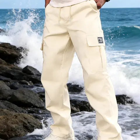 Men's Retro Stylish Heavyweight Drape Fabric Utility Cargo Pants - Casual Loose Fit, Elastic Drawstring Straight-Leg Long Pants, Multi-Pocket Quick-Dry Bottoms for Office Workwear, Navy Khaki Street Wear