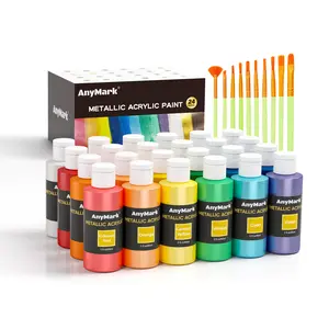 AnyMark Metallic Acrylic Paint with Brushes, 2 fl oz/60ml Bottles, Glitter Acrylic Paint Set for Kids Adults Canvas, Rock, Wood