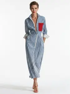 Women's Elegant Casual Blue And White Striped Polyester Fabric Fit Long Sleeve Dress, Lady's Casual Wear Cardigan