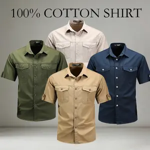 Men’s summer 100% cotton plaid short-sleeve shirt—breathable, skin-friendly fabric; turn-down collar design plus two chest pockets; double-pocket outdoor fishing military-style casual shirt. Suitable for commuting to work and everyday casual wear. oxford