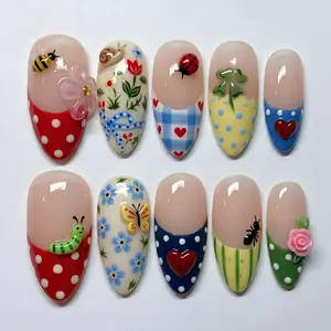 C8- Cottage Garden Press-On Nails, 3D Bee Butterfly & Ladybug Design, Floral Heart French Tips, Fairy Garden Nails, Custom Nails Cute Nature Inspired Spring Nail Art Set