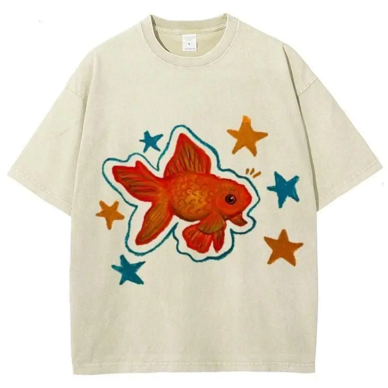Goldfish Unisex Vintage unisex Tee Vintage Distressed Coloful Tee, Natural & Animal Planet Unisex Streetwear Cotton Womenswear