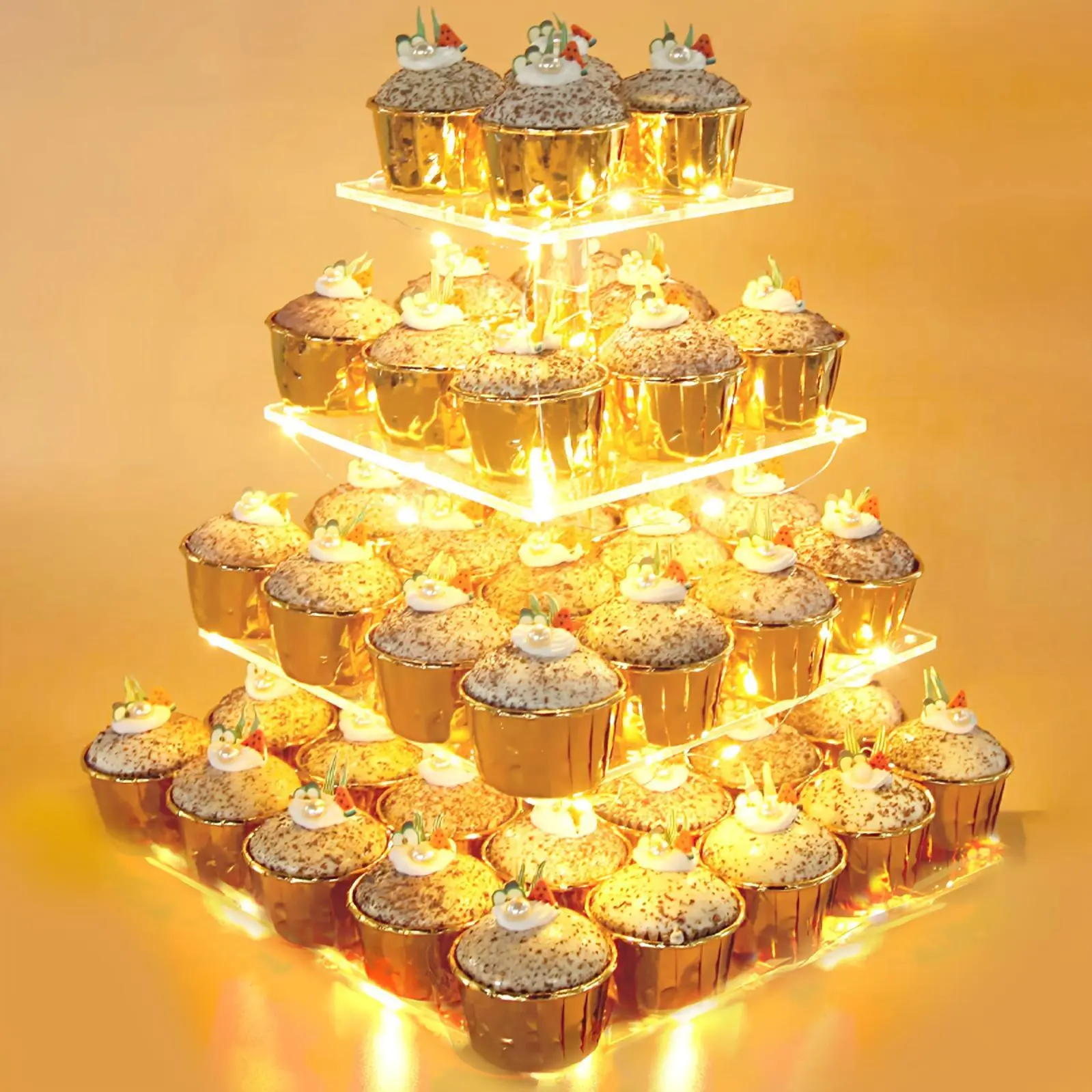 Incredible Display: Four-Layer Square Cake Stand Made of And Sturdy Acrylic, Featuring a Warm Yellow LED Light Strip, Capable of Holding 52 Cupcakes, Ideal for Weddings, Birthdays, Celebrations, Christmas, Family Reunions, And Graduations