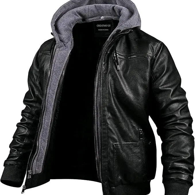 Men's Faux Leather Vintage Bomber Hoodie Jacket with Removable Hood - Windproof and Waterproof - Long Sleeve Zipper Coat - Coats, Menswear