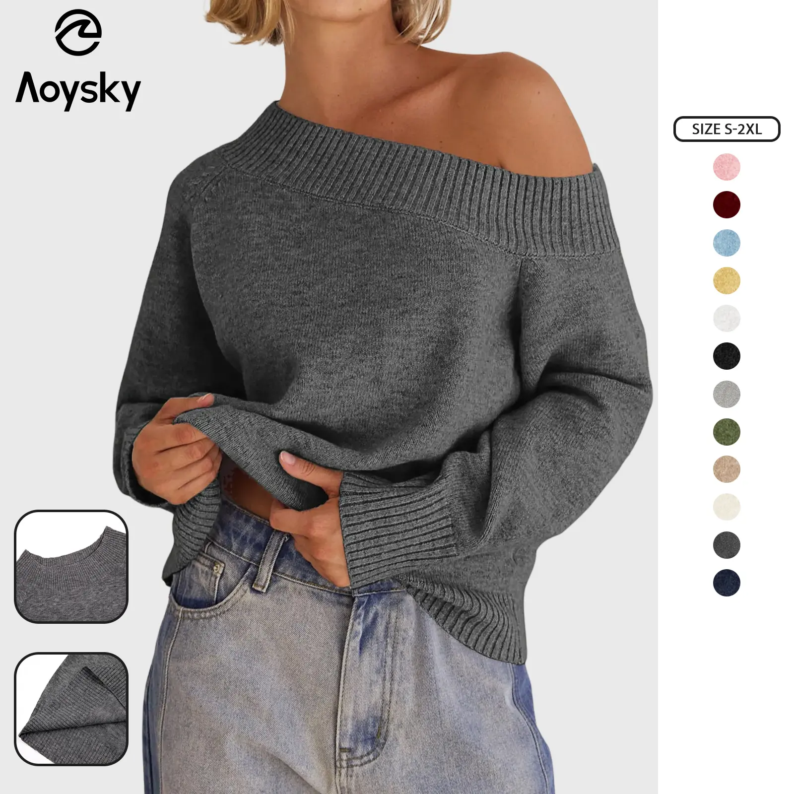 Aoysky Women's Chic Off Shoulder Knitwear, Basic Long Sleeve Pullover Sweater with Boat Neck for Work & Party, Hang Dry, Ribbed Cuff