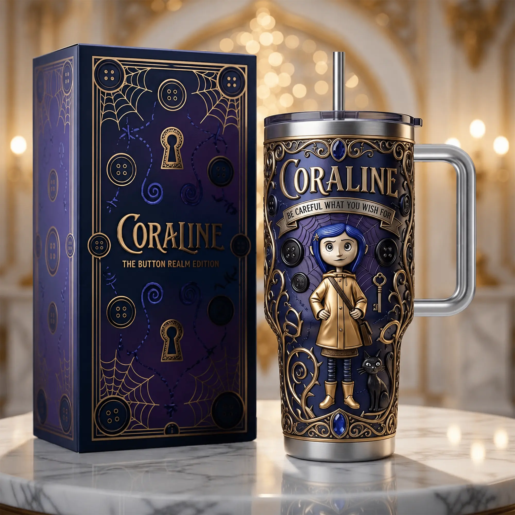 Coraline 40oz 20oz Tumbler, High-Quality Insulated Cup With Handle, Dark Fantasy Animated Movie Inspired Tumbler, Blue-Haired Heroine Spooky Adventure Fan Gift, Leakproof Travel Mug.