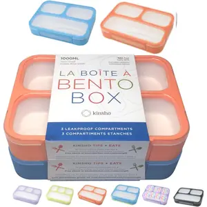 Bento Lunch Boxes for Adults or Kids | Large 3 Compartment Containers with Dividers, Leakproof Meals Snacks for School or Work Lunches, Women Men | Coral Blue 2 pack