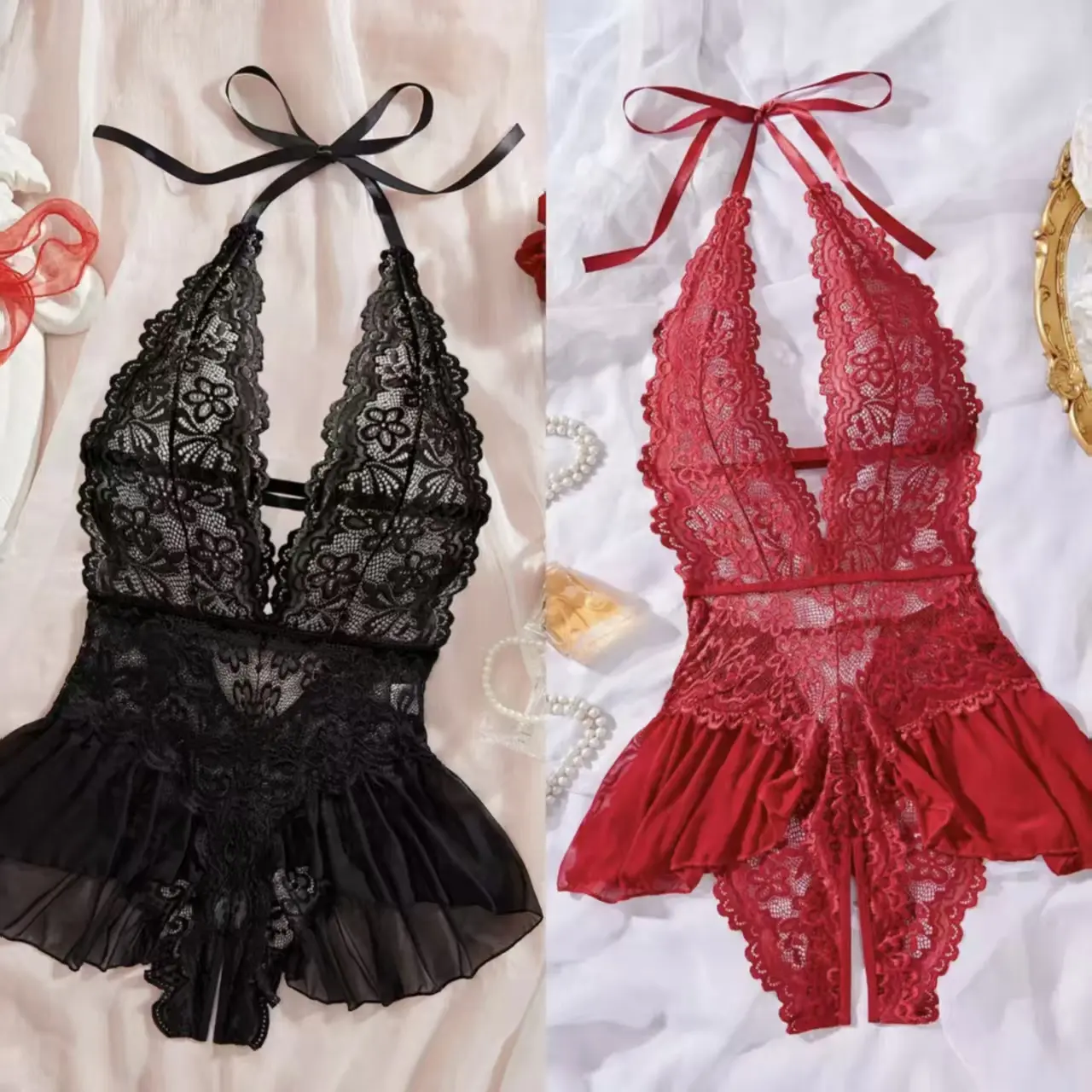 Red and black lace one-piece dress