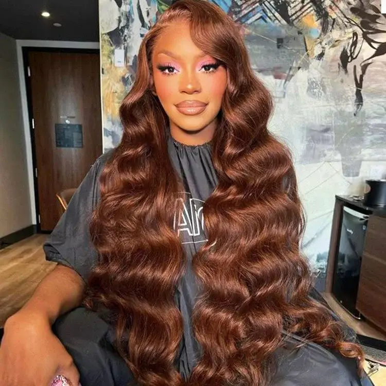 Arabella 13x4 Frontal Lace Human Hair Wig - Glueless Chocolate Brown Body Wave with Invisible Knots, Realistic Hairline, Tape, Breathable, Clip, Durable Lace Wigs