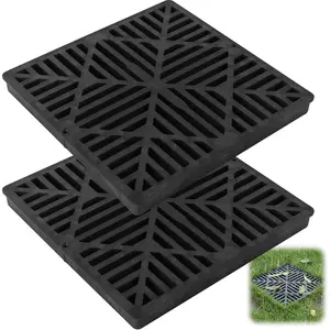 2 Pack 12 Inch Catch Basin Drain Grate, Fiberglass Reinforced Polyethylene Square Drain Cover for Yard Patio Driveway Drainage, Black