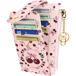 Slim Small Card Wallet for Women - Cute Card Holder Wallets with  Credit RFID Blocking Holds 7 Cards, Leather Fashion Design for Female Ladies Teen Girls, Cherry Bow