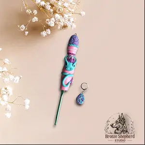 Polymer clay pink purple teal dragon crochet hook / dragon egg crochet hook / clay dragon crochet hook knitting accessory
