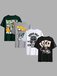 Men's 4 Pack Round Neck Short Sleeve Fitted T-Shirts, Fashion Art Font Angel Skull Graphic Print, Casual Comfortable Summer Outdoor Wear