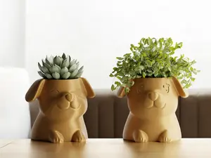 Adorable Puppy Dog Planter Set - Indoor Plant Pots for Succulents with Eyes Open & Closed - Includes Airplant & Cactus - Ideal for Desk or Home Decor