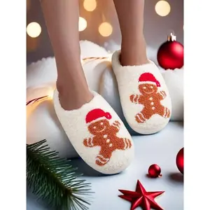 Women's Cute Gingerbread Man Design Plush Slippers, Casual Soft Comfortable Home Slippers, Warm Slippers for Indoor & Outdoor Use for Fall & Winter