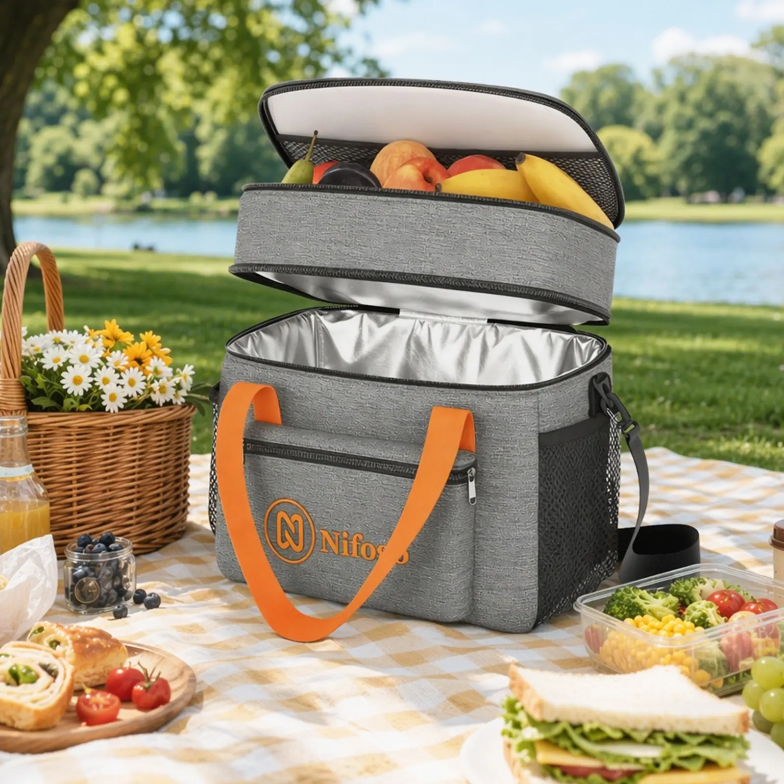 Nifogo Solid Tote Lunch Bag for Adults, Large 15L Expandable Insulated Cooler, Waterproof and Leakproof for Work & Camping, Lunch Bags