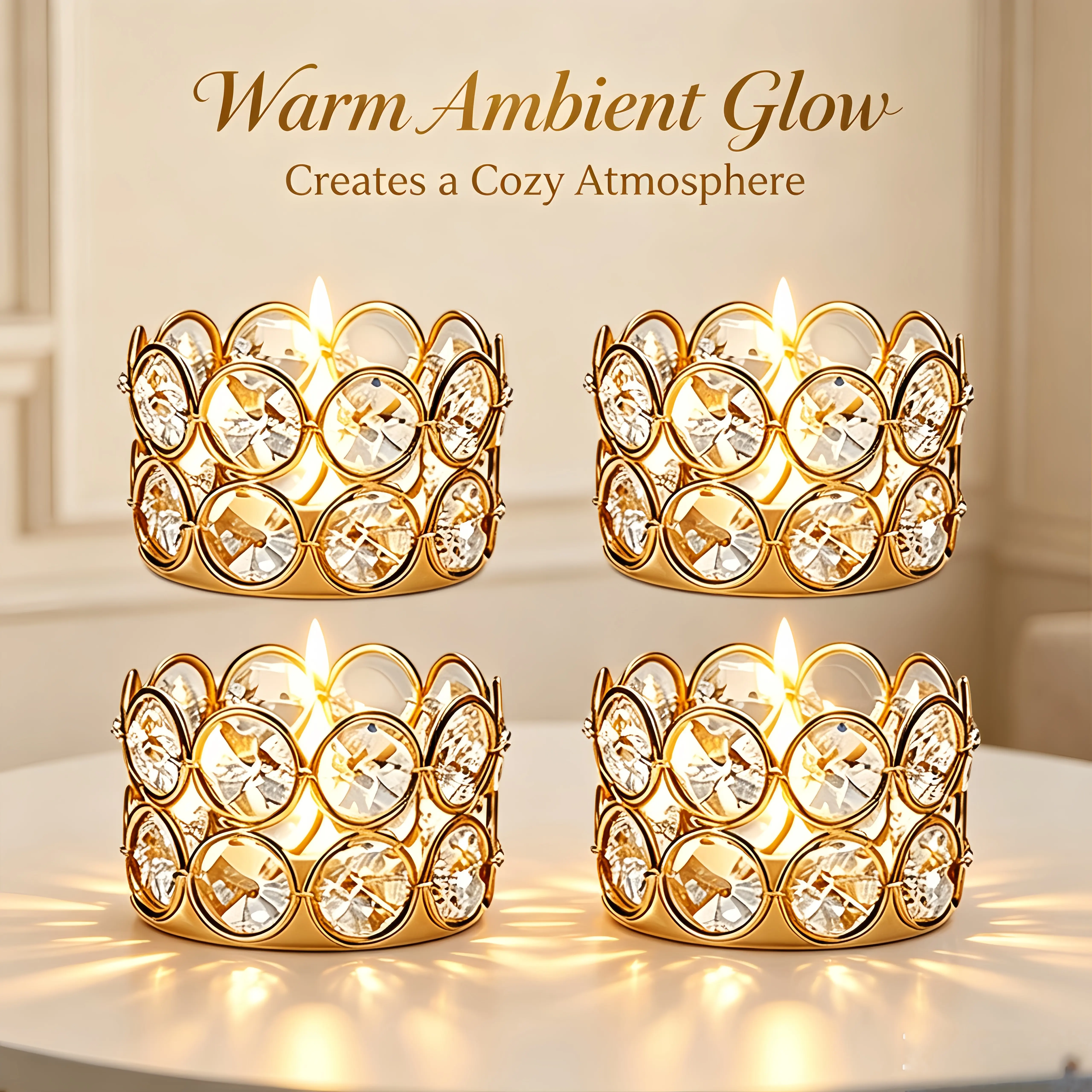 Set of 4 Gold Crystal Tealight Candle Holders, Metal Votive Candle Cups, Elegant Table Decor for Wedding, Banquet, Candlelight Dinner & Hotel Tabletop Ornaments, Candles Not Included