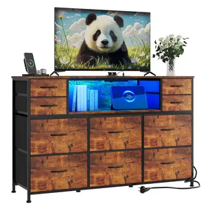 Garvee 10 Fabric Drawers Dresser with LED Lights, Entertainment Center with Charging Station, Wood Top, Open Shelves, and Chest of Drawers for Bedroom, Living Room, Hallway, Brown, Fits 40"-55" Screens