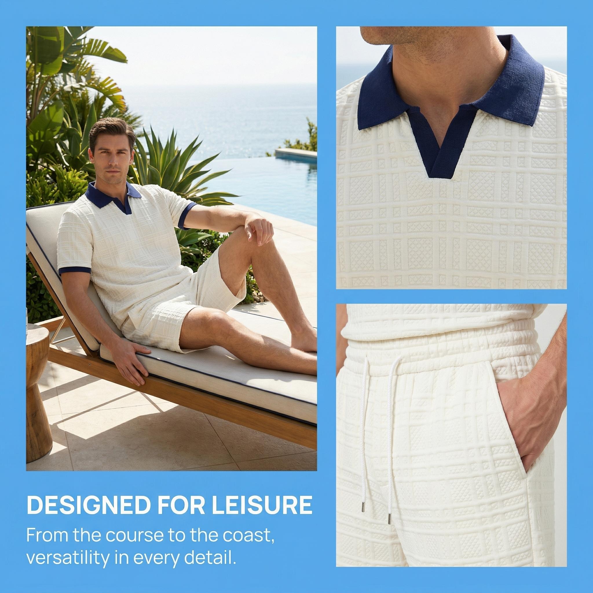 Men's Casual 2 Piece Set, Textured V Neck Short Sleeve Shirt & Shorts for Daily Wear