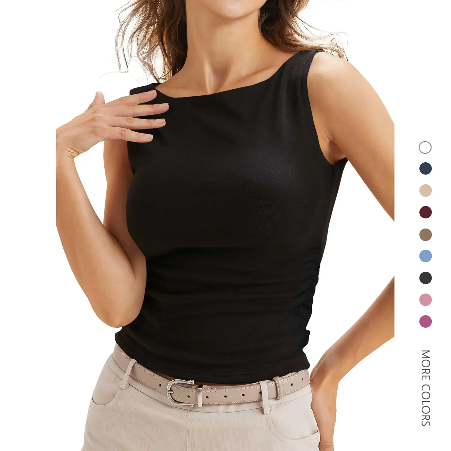 Danedvi Women's Boat Neck Racerback Tank Top, Solid Plain Summer Blouse with Ruched Sides and Soft Spandex Blend, Shirts, Fitted, Basic, Tight Fit, Backless Style, Lady, Basic Look, Casual, Sleeveless, No, Slight Stretch, Work, Fabric