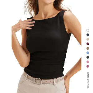 Danedvi Women's Fitted Boat Neck Racerback Tank Blouse - Summer, Ruched, Sleeveless, Plain Casual Basic Clothes with Spandex Fabric
