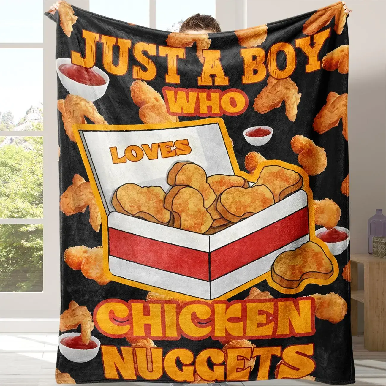 Chicken Nugget Pattern Blanket, 1 Count Just A Boy Who Loves Chicken Nuggets Letter Print Soft Warm Nap Throw Blanket, Portable Blanket  for Home Office Travel Camping