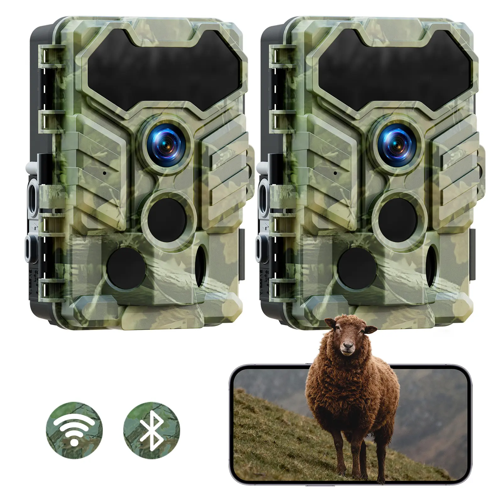 2 Pack VOOPEAK Trail Cameras WiFi Bluetooth, Low Glow IR Night Vision Game Camera with 32MP 0.1s Trigger Speed 130° Wide-Angle, IP66 Waterproof Trail Cam for Wildlife Monitoring and Security