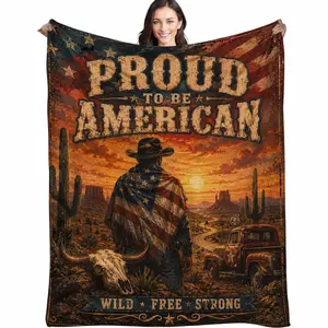 Proud to Be American Flannel Throw Blanket - Western Cowboy, USA Flag, Rustic Eagle, Route 66 Design - Patriotic Gift for Men for Memorial Day, Independence Day outdoorfun