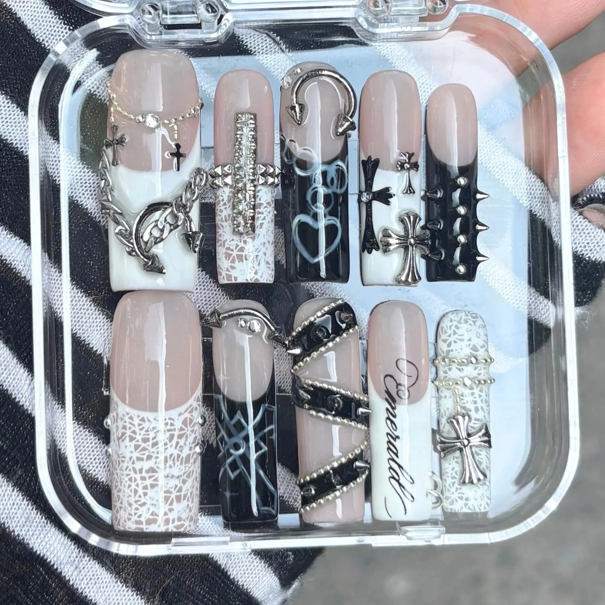 Gothic Cross Press On Nails, Black White Punk Grunge Charm Set