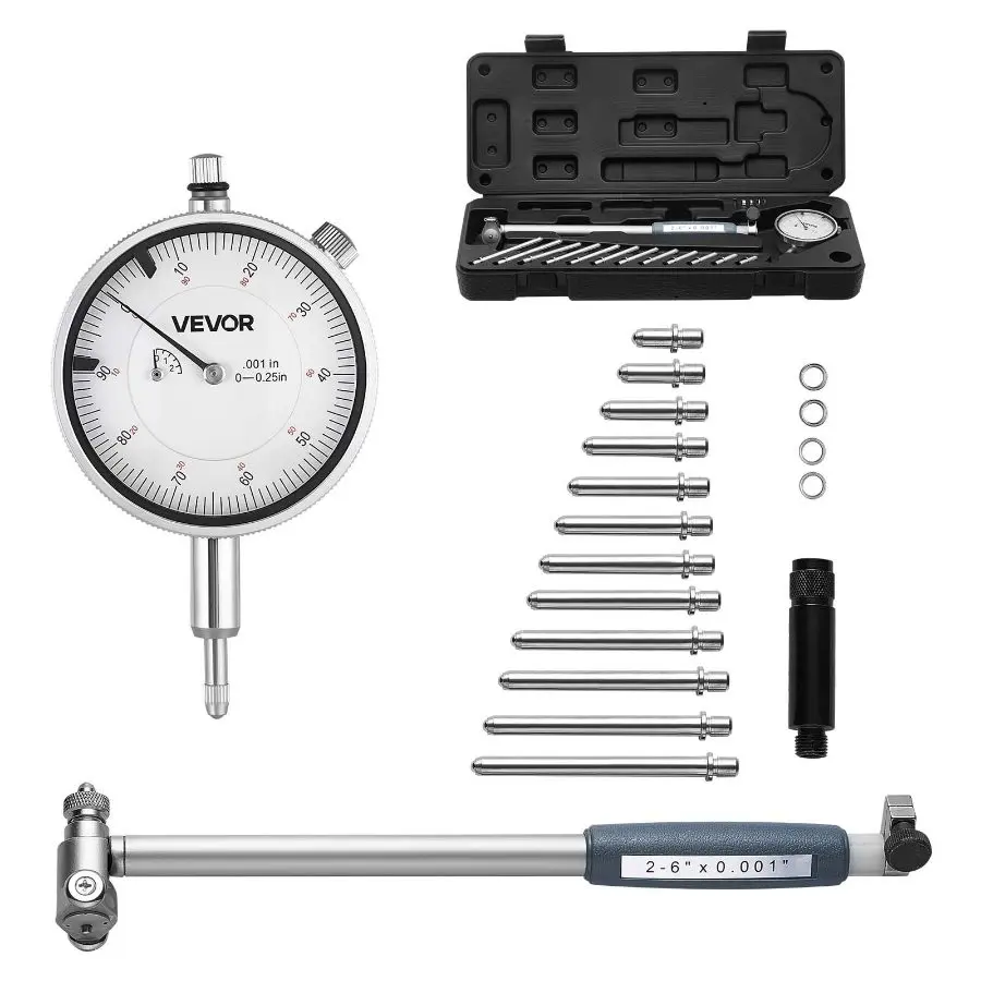VEVOR Dial Test Indicator and Bore Gauge Measuring Tool Set, Dial Indicator 0.001 inch Accuracy, 2-6 inch Bore Range with Rod, Storage Case, Anvils for Industrial Machining Measurements