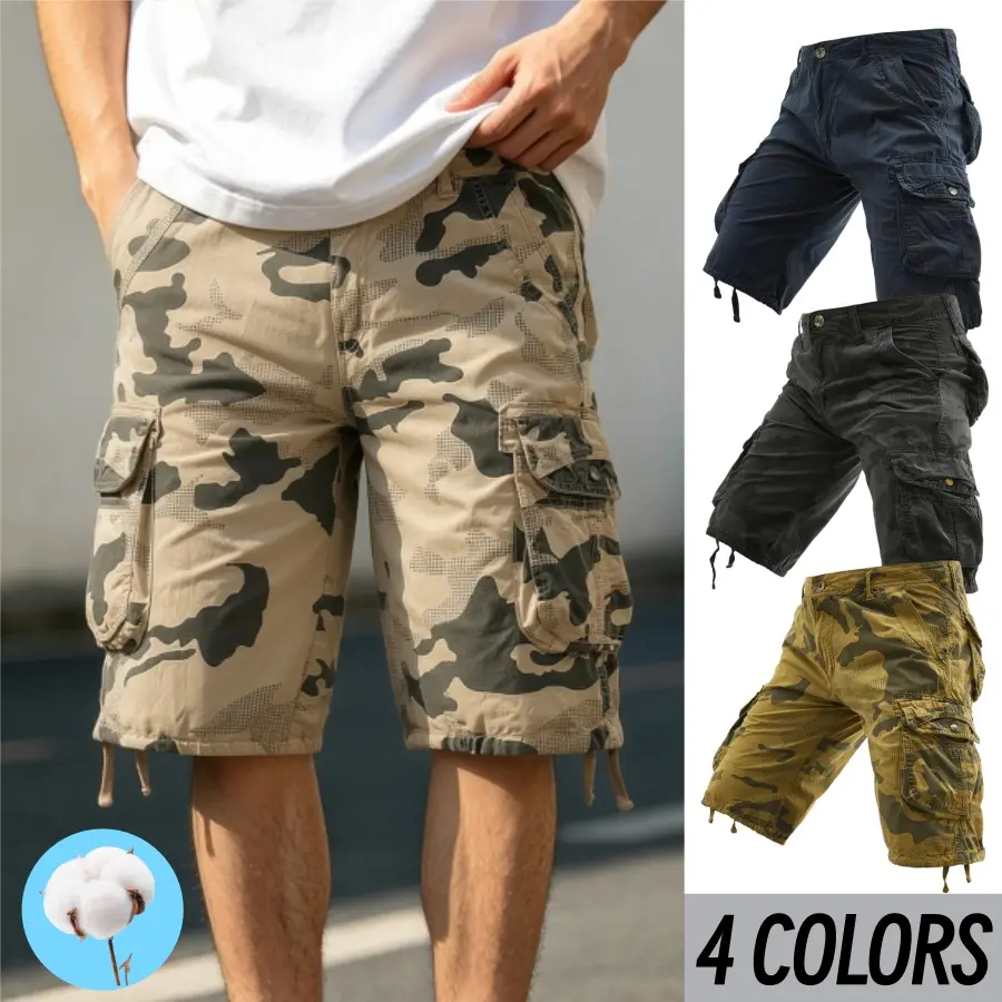 Men's Camo Cotton Multi Pocket Cargo Shorts, Knee Length Casual Work Shorts, Breathable Outdoor Hiking Camouflage Summer Shorts For Men, 4 Colors Available