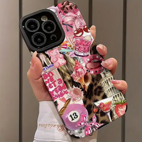 Cute Creative Pattern Aesthetic Protective Shockproof Soft Shell Cellphone Phone Case, Casing, Decorative Phone Protector Cover with Protection, Smartphone Phone Accessories Compatible with iPhone 16 15 14 13 12 11 Plus Pro Max, Pink