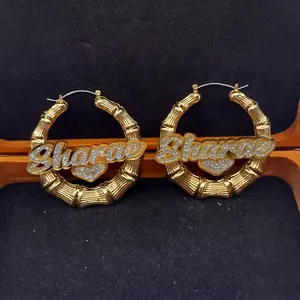 Custom Name with Heart and Background Gold Bamboo Hoop Earrings
