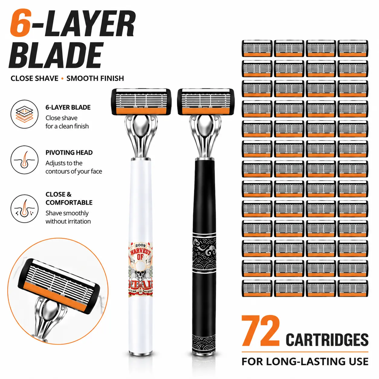 72 Ultra-Sharp Durable Stainless Steel Blades, Men's Classic Steel Blades Razor Set -2 Non-Slip Handles, Safe Smooth Pain-Free Shaving, Ideal for Daily Use on Sensitive Skin, Holiday Gift, Blades Razors easy replacement Beard and Mustache