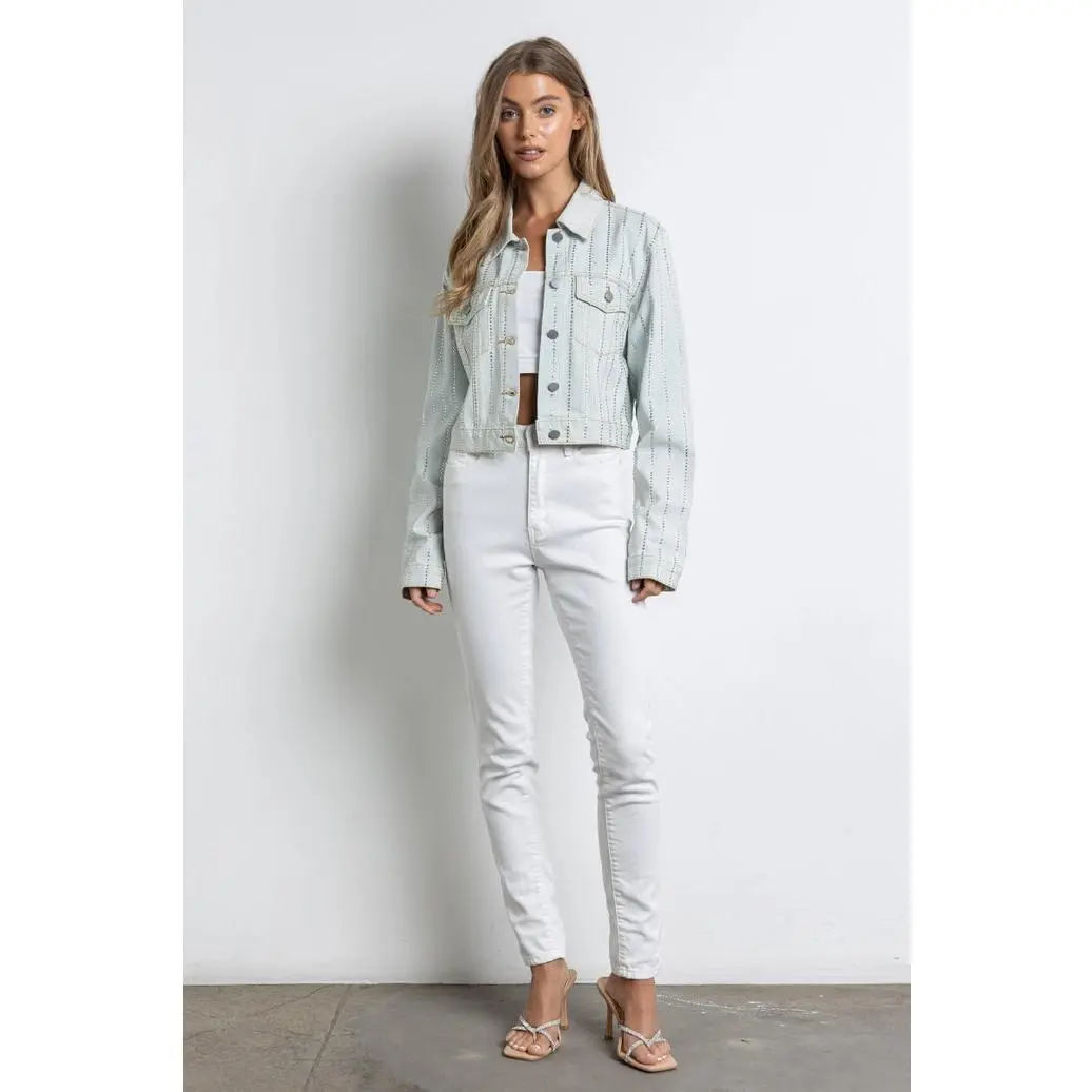 Rhinestone Button Down Cropped Denim Jacket