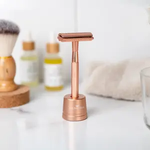 J&L Naturals Safety Razor Set- Durable Stainless Steel Reusable Razor with 5 Refill Blades and Stand - Ergonomic Design in Black Rose Gold Green White