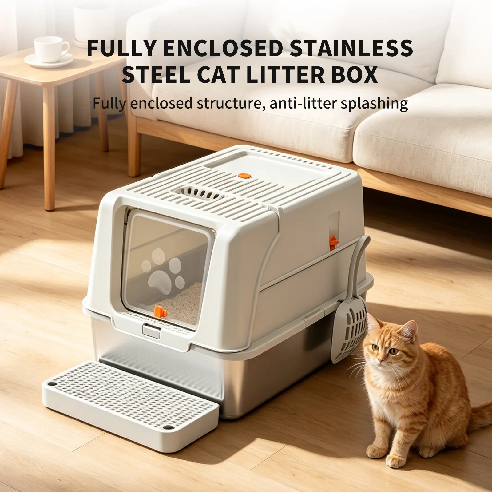 Stainless Steel Fully Enclosed Cat Litter Box with Dual Entry, Flip-Top Lid & Litter Scoop Layer Sifting