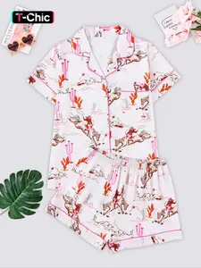 Women's Western Cowboy Cactus Print Pajama Set Loungewear, Lapel Button Short Sleeve Top & Elastic Shorts, Elegant Home Wear for All Seasons